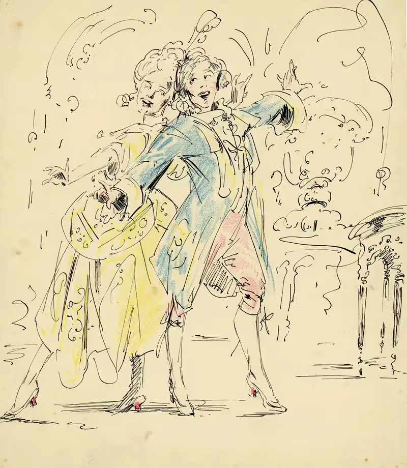 Historisch tafereel van 2 dansende figuren. — Alfred Ost