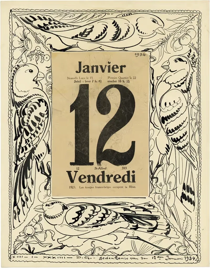 Kalenderblad illustratie met vogels — Alfred Ost