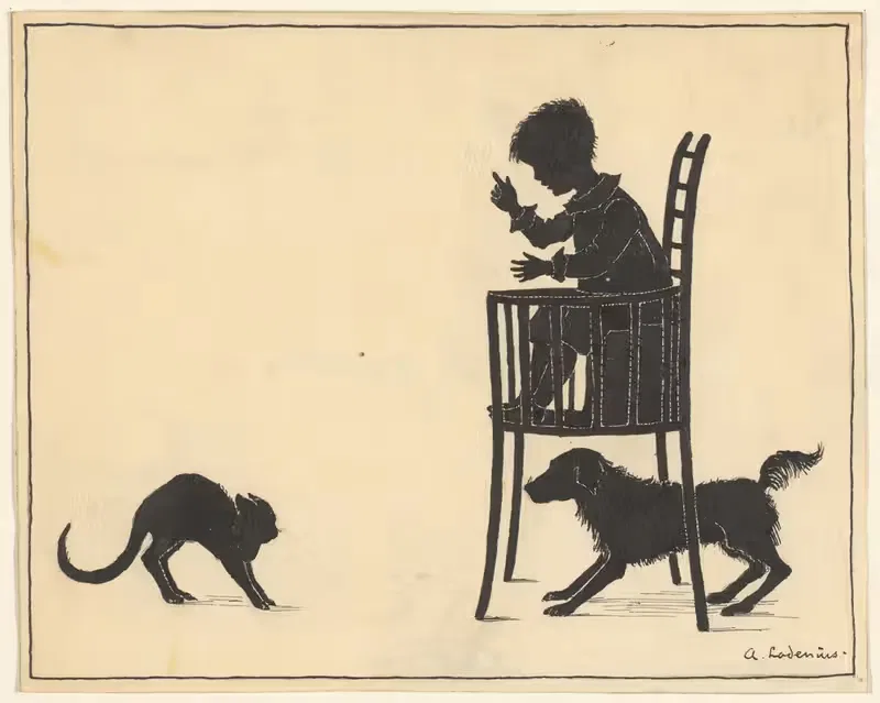 Kat en hond rond een kinderstoel — Adri Ladenius