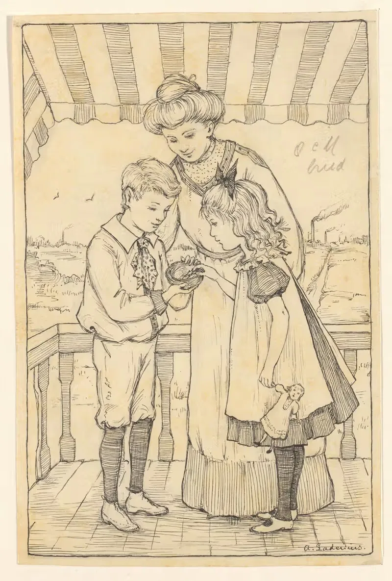 Kinderen en vrouw op een balkon — Adri Ladenius