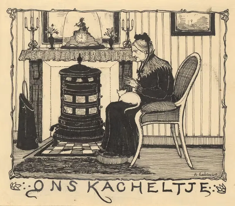 Oude vrouw met kat bij een kachel — Adri Ladenius