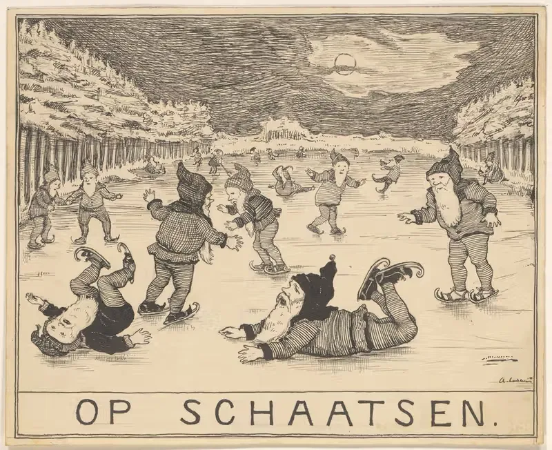 Schaatsende kabouters bij maanlicht — Adri Ladenius