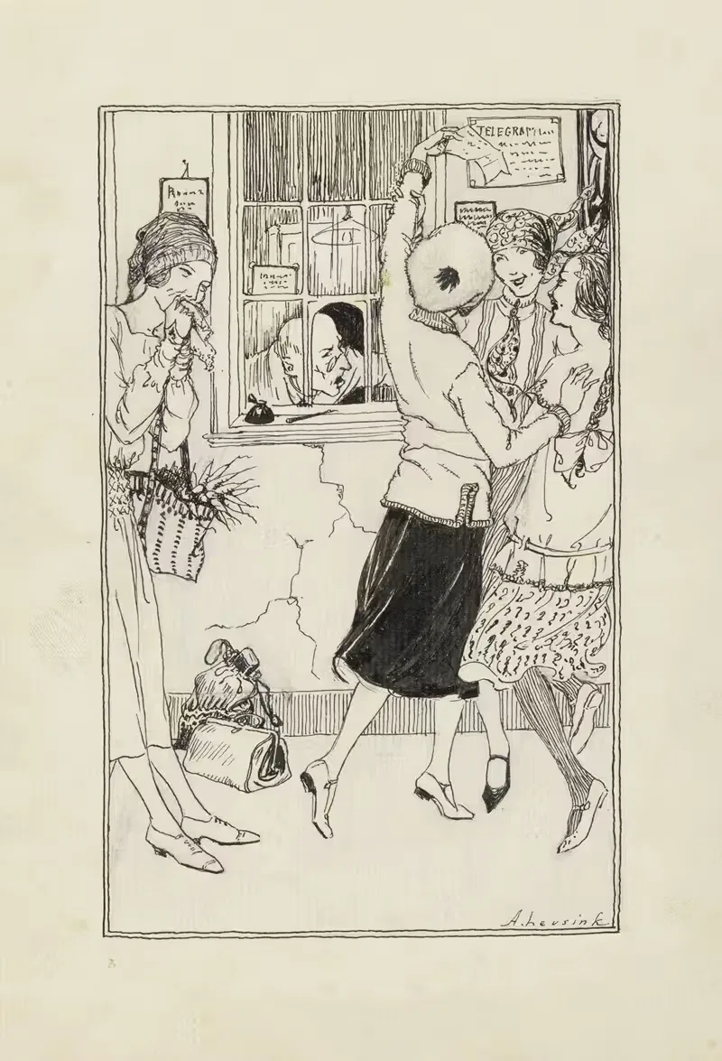 Три девушки танцуют перед почтовым отделением by Энни Лейзинк, 1925 — digital art print download