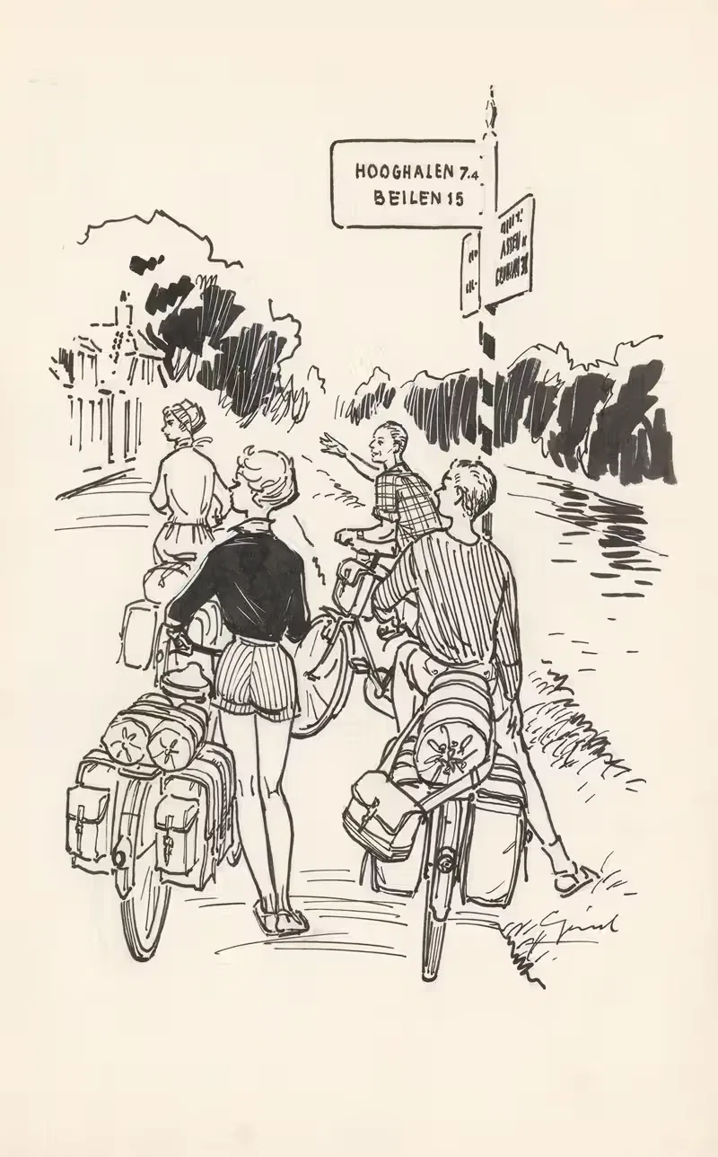 Vier fietsers bij een wegwijzer — Anonymous