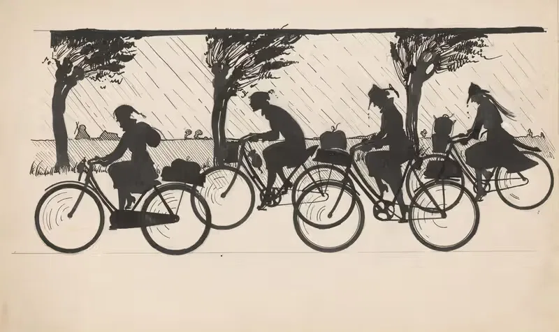 Vier meisjes fietsen in de regen — Anonymous