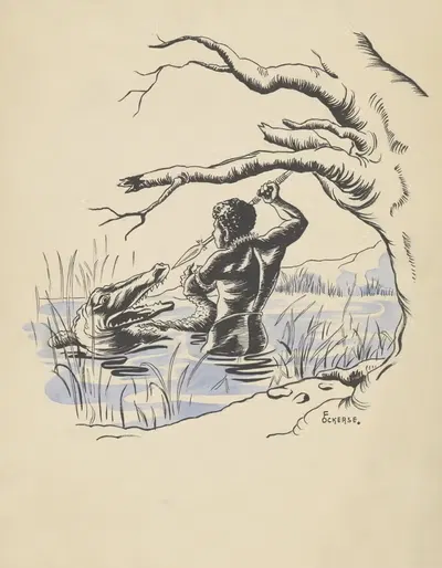 Охотник нападает на крокодила в реке by Ф. Окерс, 1936 — digital art print download