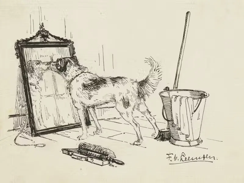 Hond snuffelt aan een spiegel — F. van Leeuwen