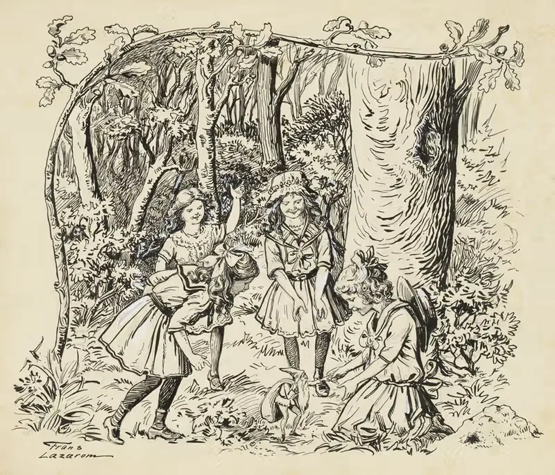 Vier meisjes en een kabouter in een bos — Frans Lazarom
