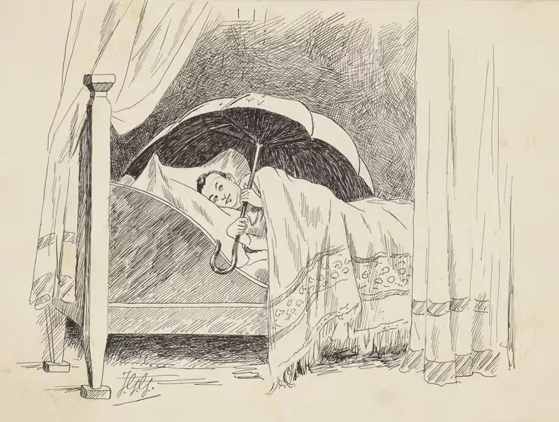 Jongen met paraplu in een bed — Johan Georg Gerstenhauer Zimmerman