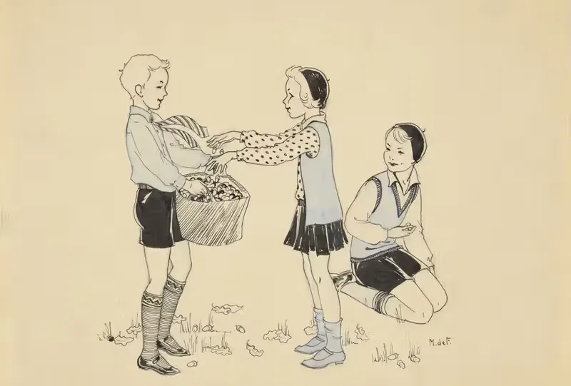 Три ребенка, собирающие желудя by Миеп де Фейтер, 1928-1941 — digital art print download