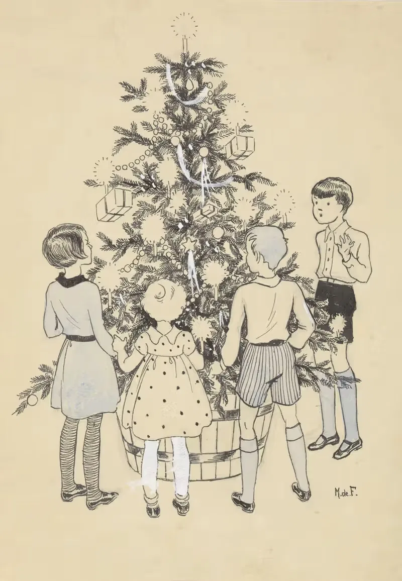 Vier kinderen rondom een kerstboom — Miep de Feijter
