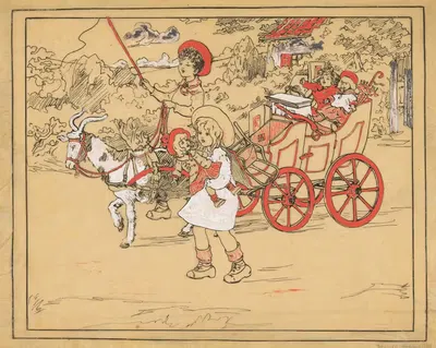 Jongen bestuurt een poppenkoets op een geit by Nelly Spoor, 1914 — digital art print download