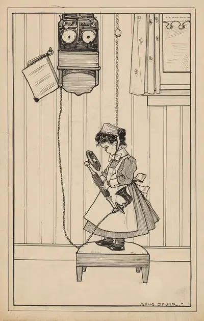 Meisje in verpleegstersuniform met een telefoon by Nelly Spoor, 1911 — digital art print download