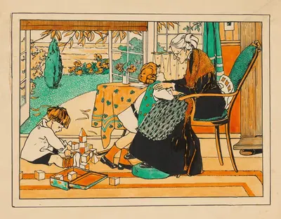 Twee kinderen en een oude vrouw in een interieur by Nelly Spoor — digital art print download