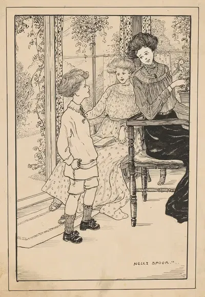 Twee vrouwen en een jongen in een serre by Nelly Spoor, 1912 — digital art print download