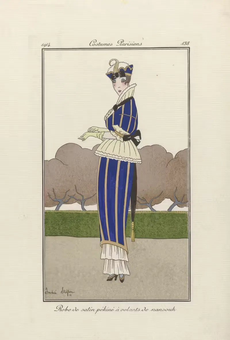 Robe de satin pékiné à volants de nansouk — André Stéfan