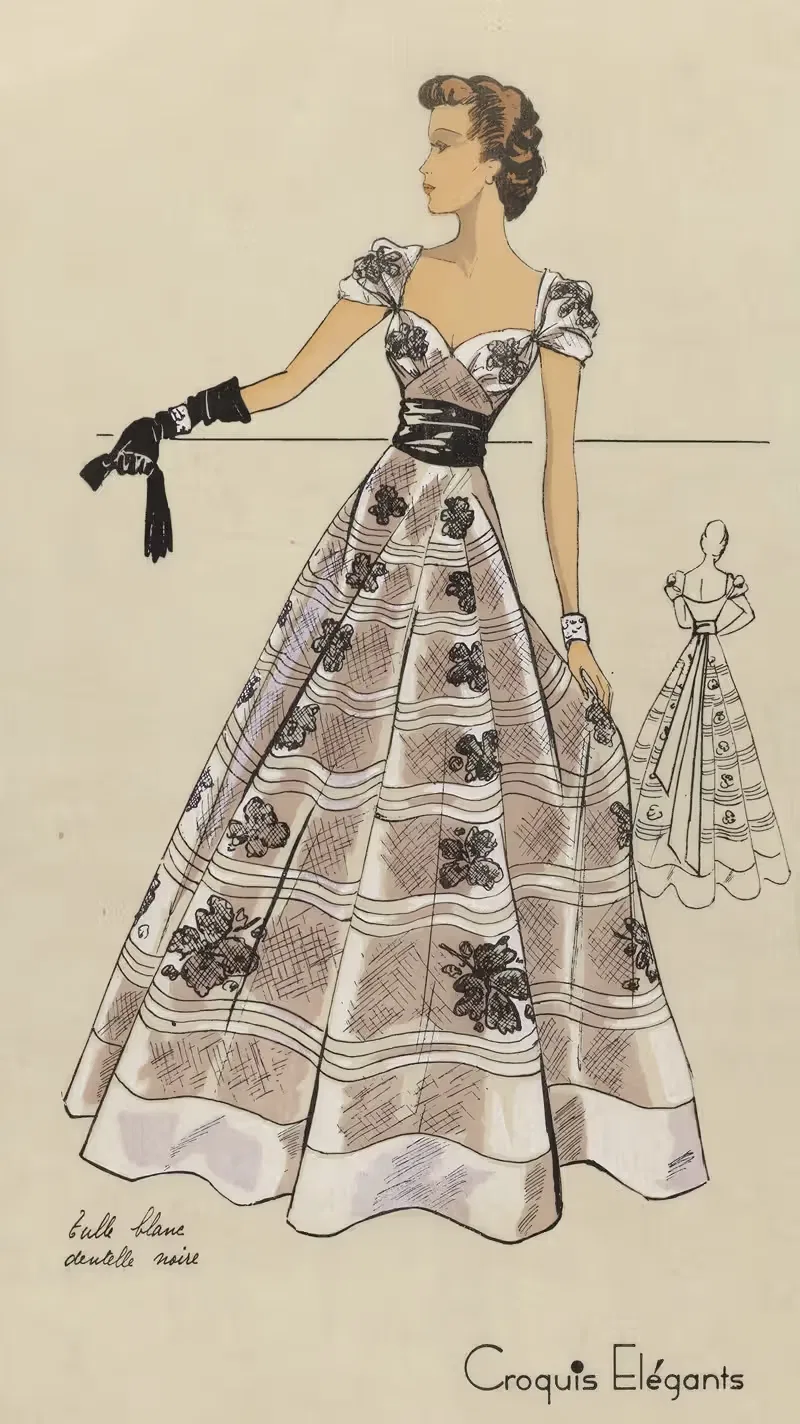 Croquis Elégants – Tule blanc dentelle noir — Anonymous