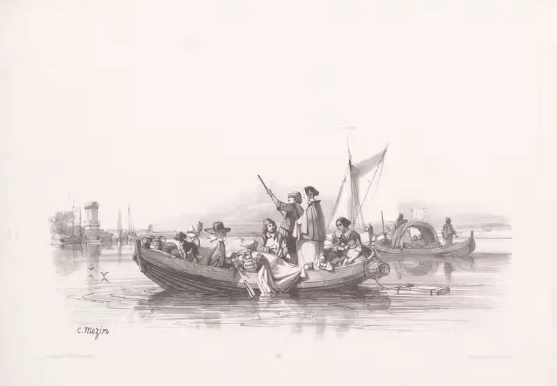 Group of people in rowboat — Charles-Louis Mozin