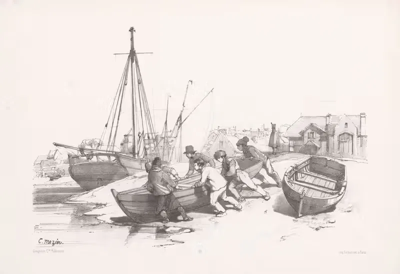 Men push rowboat from land to water — Charles-Louis Mozin