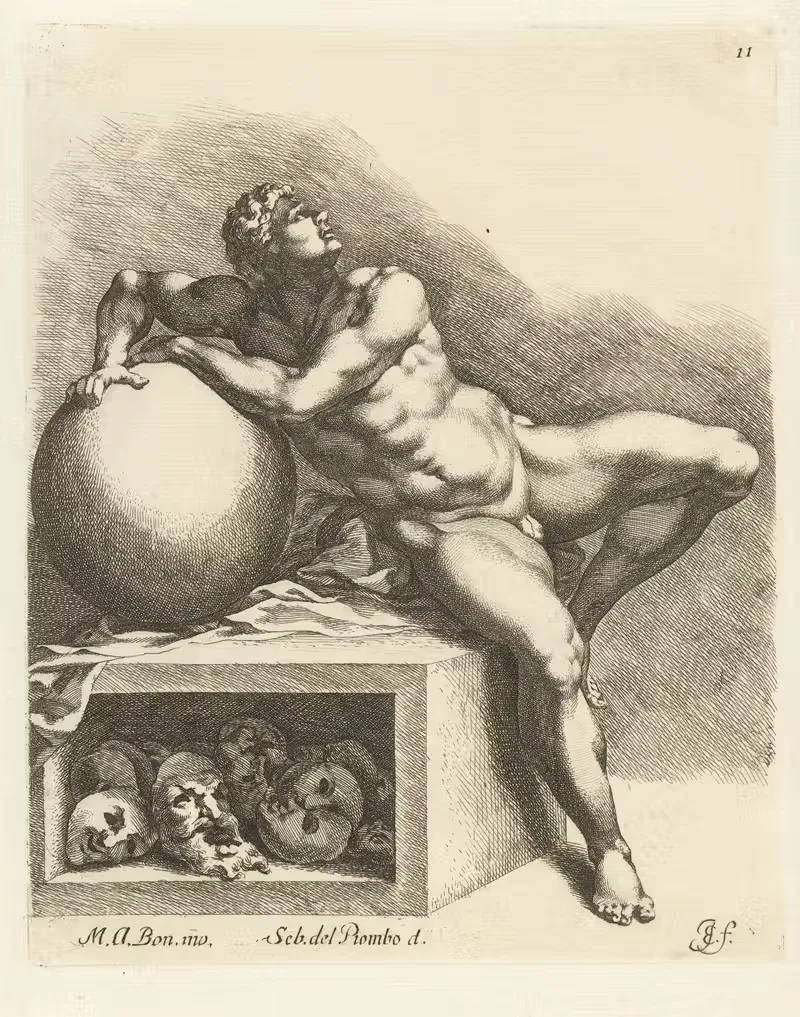 Нагой мужчина, опирающийся на шар by Ян де Биссхоп, 1666-1671 — digital art print download