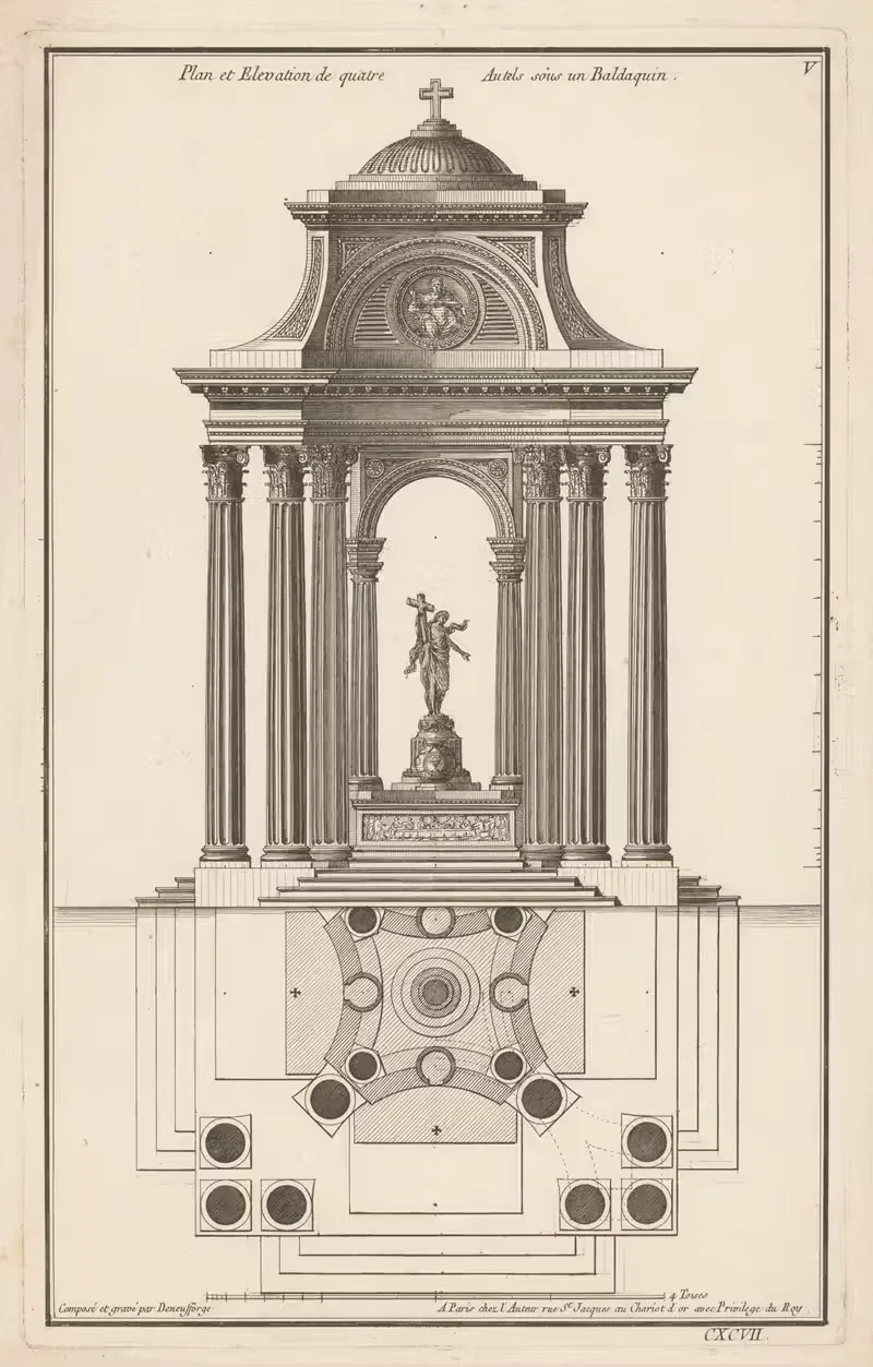 План и Elevation четырех алтарей под балдахином by Жан Франсуа де Нёффорж, 1767 — digital art print download