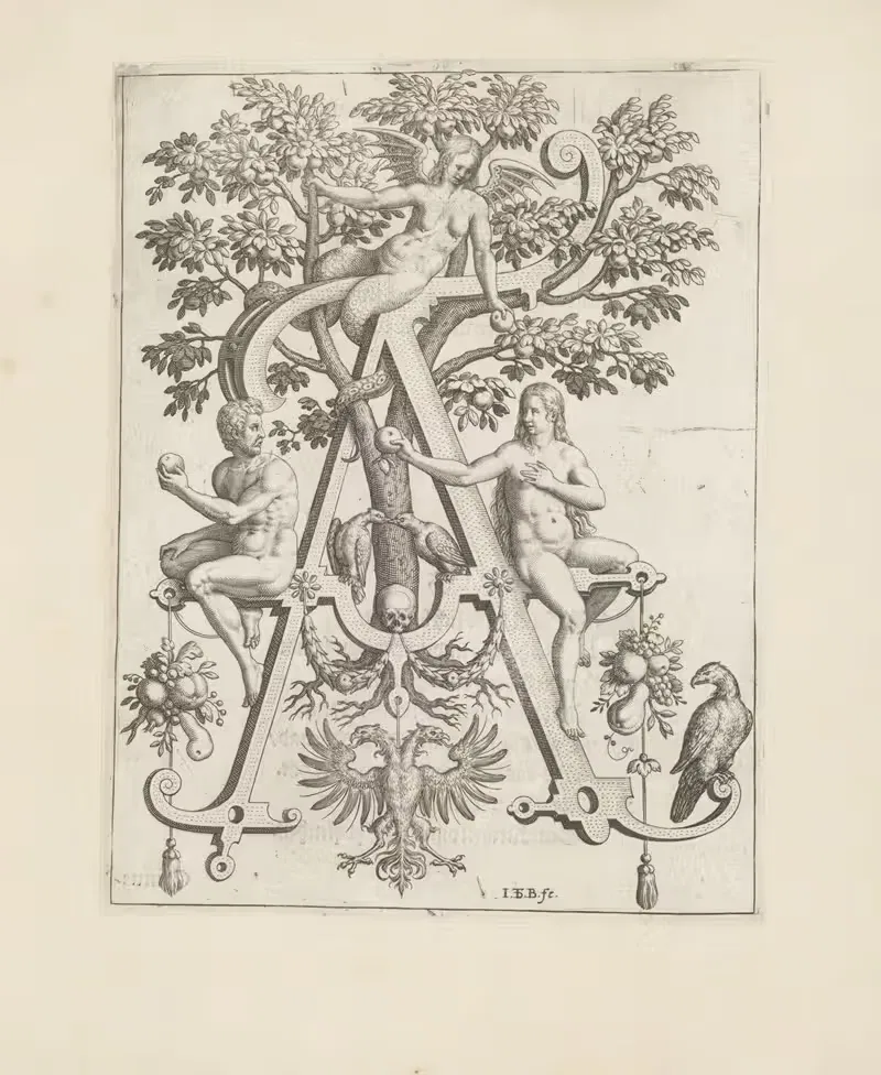 Letter A with Adam and Eve — Johann Theodor de Bry
