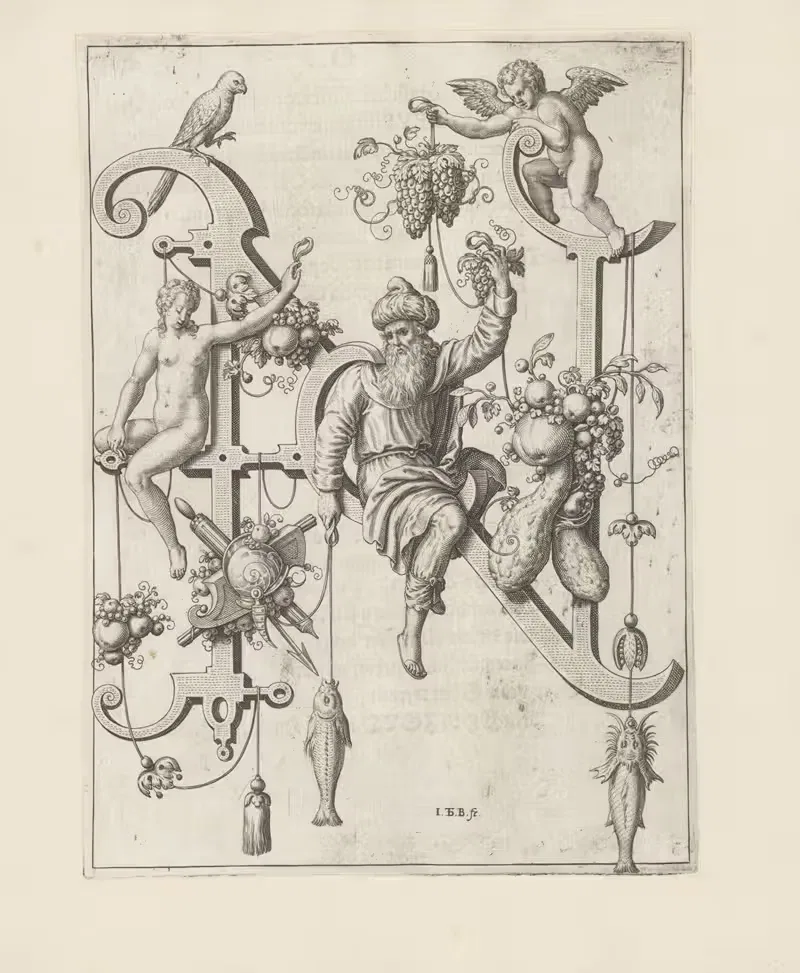 Letter N with Noah by Johann Theodor de Bry, 1595 — digital art print download