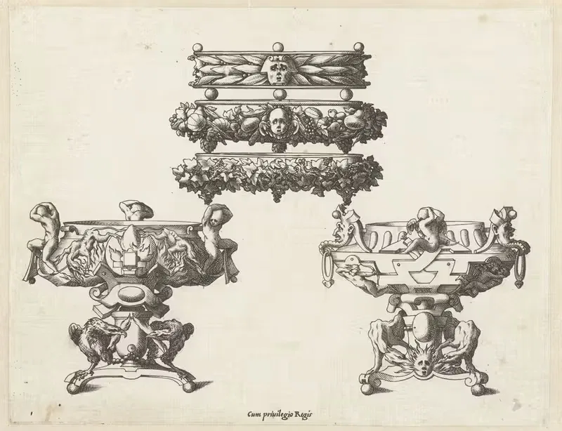 Three trays and two salt containers by René Boyvin, 1542 - 1580 — digital art print download