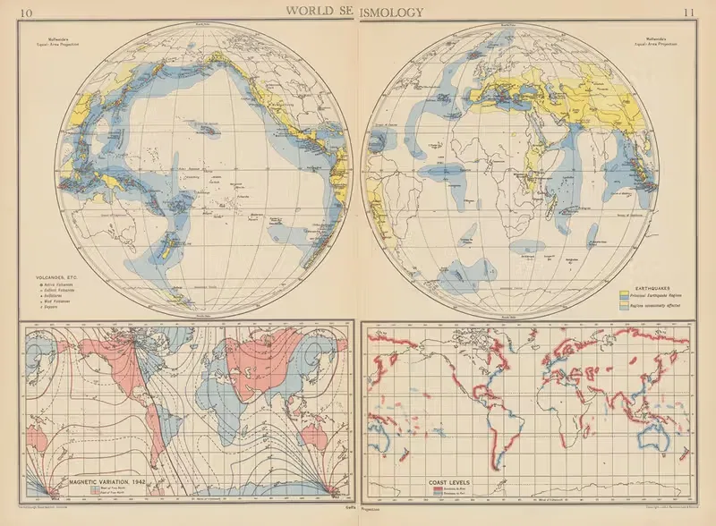 World Seismology by John George Bartholomew, 1942 — digital art print download