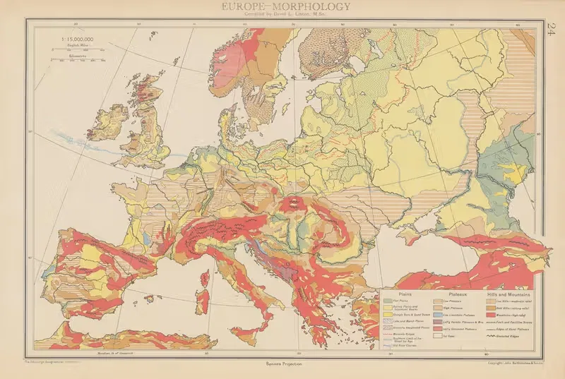 Europe, Morphology by John George Bartholomew, 1942 — digital art print download