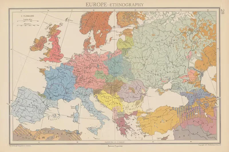 Europe, Ethnography by John George Bartholomew, 1942 — digital art print download