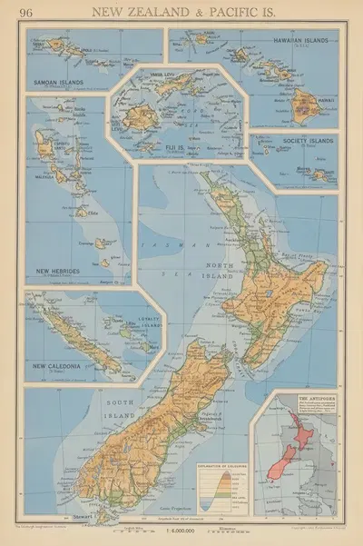 New Zealand and Pacific Islands by John George Bartholomew, 1942 — digital art print download