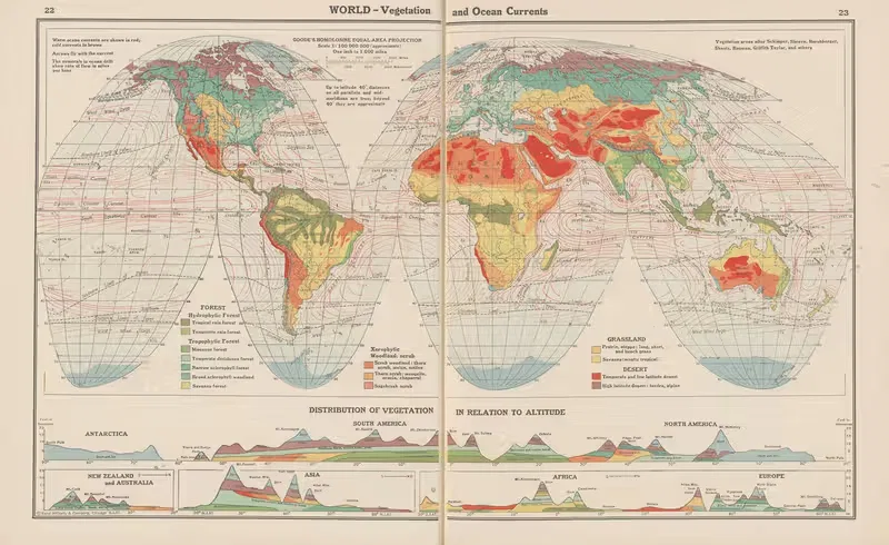 World — Vegetation and Ocean Currents. by John Paul Goode, 1943 — digital art print download