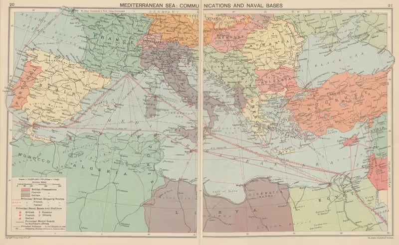 Mediterranean Sea; Communications and Naval Bases — London Geographical Institute