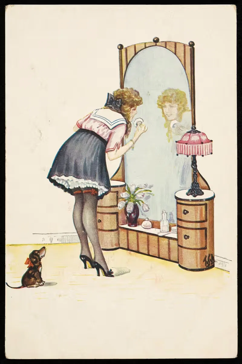 A woman doing her makeup and a dog — Anonymous