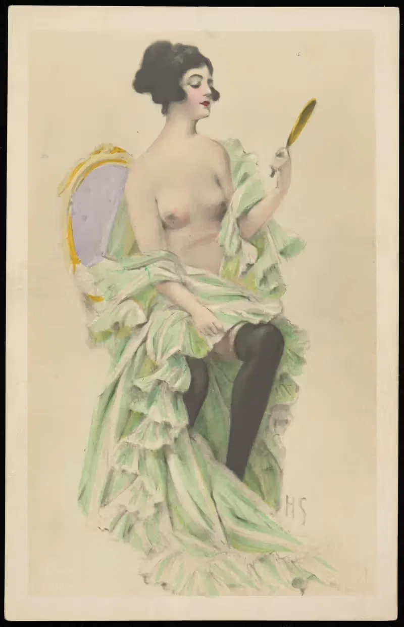 Woman in negligee with a mirror — Anonymous