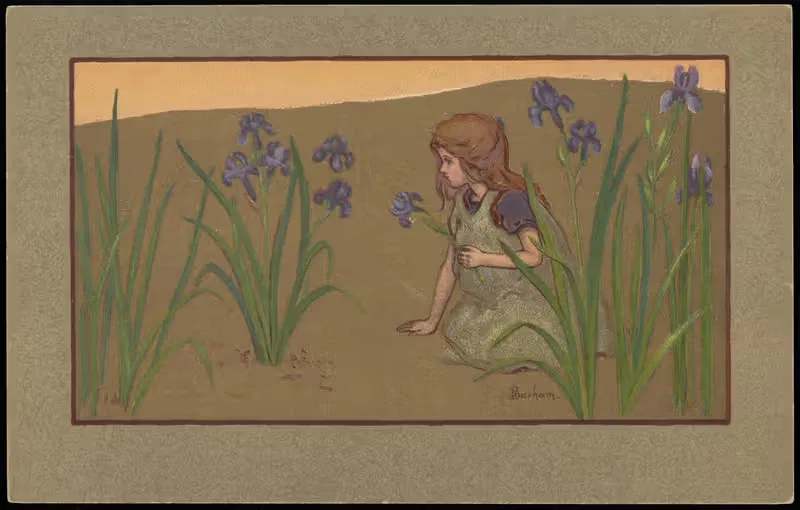 Девушка, собирающая ирисы by М. М. Вьен, 1906-1914 — digital art print download