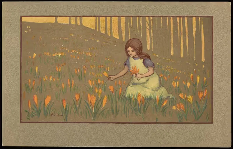 Girl picking crocuses by М. М. Вьен, 1906-1914 — digital art print download