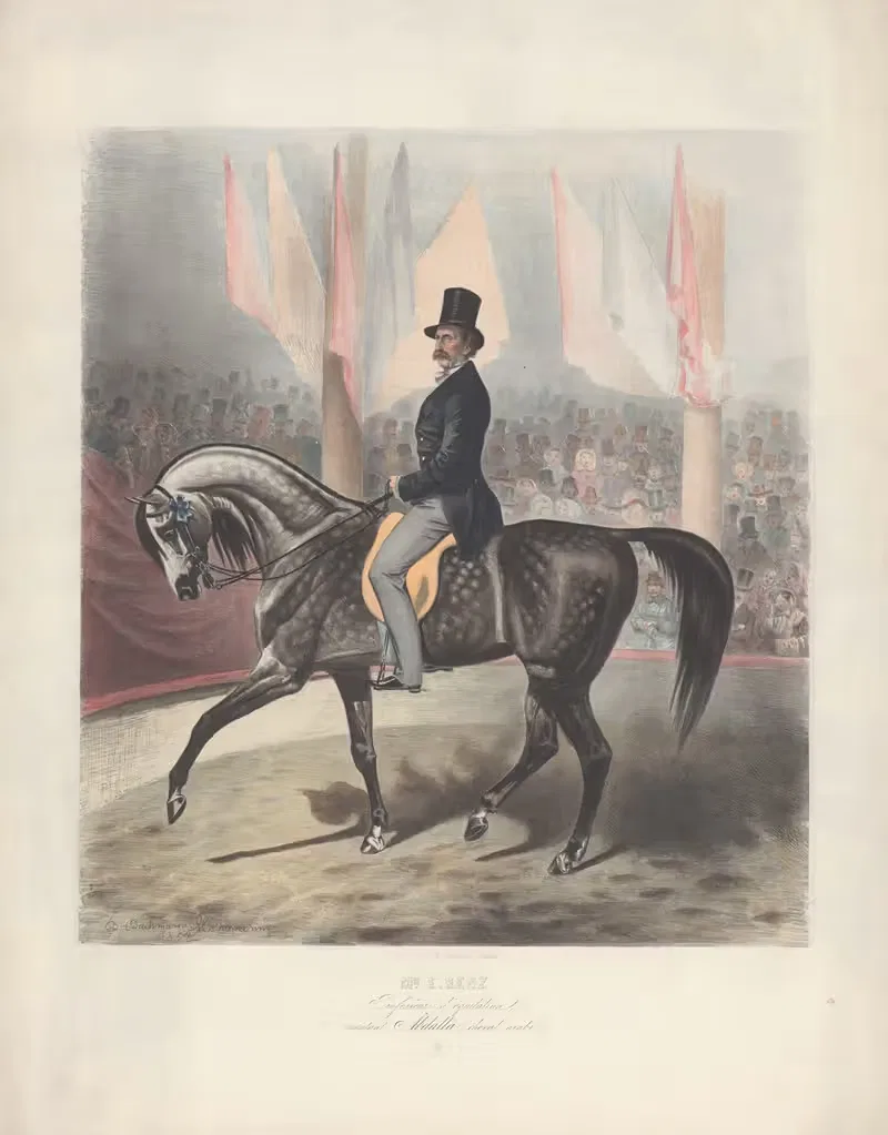 Mr. E. Renz, Professeur d' équitation, montant Abdalla, cheval arabe — B. Bachmann-Hohmann