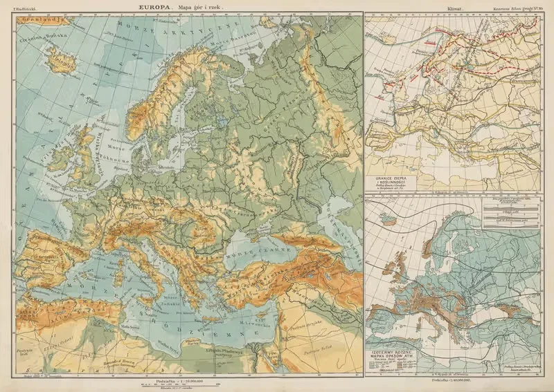 Europa. Mapa gór i rzek by Blasius Kozenn, 1927 — digital art print download