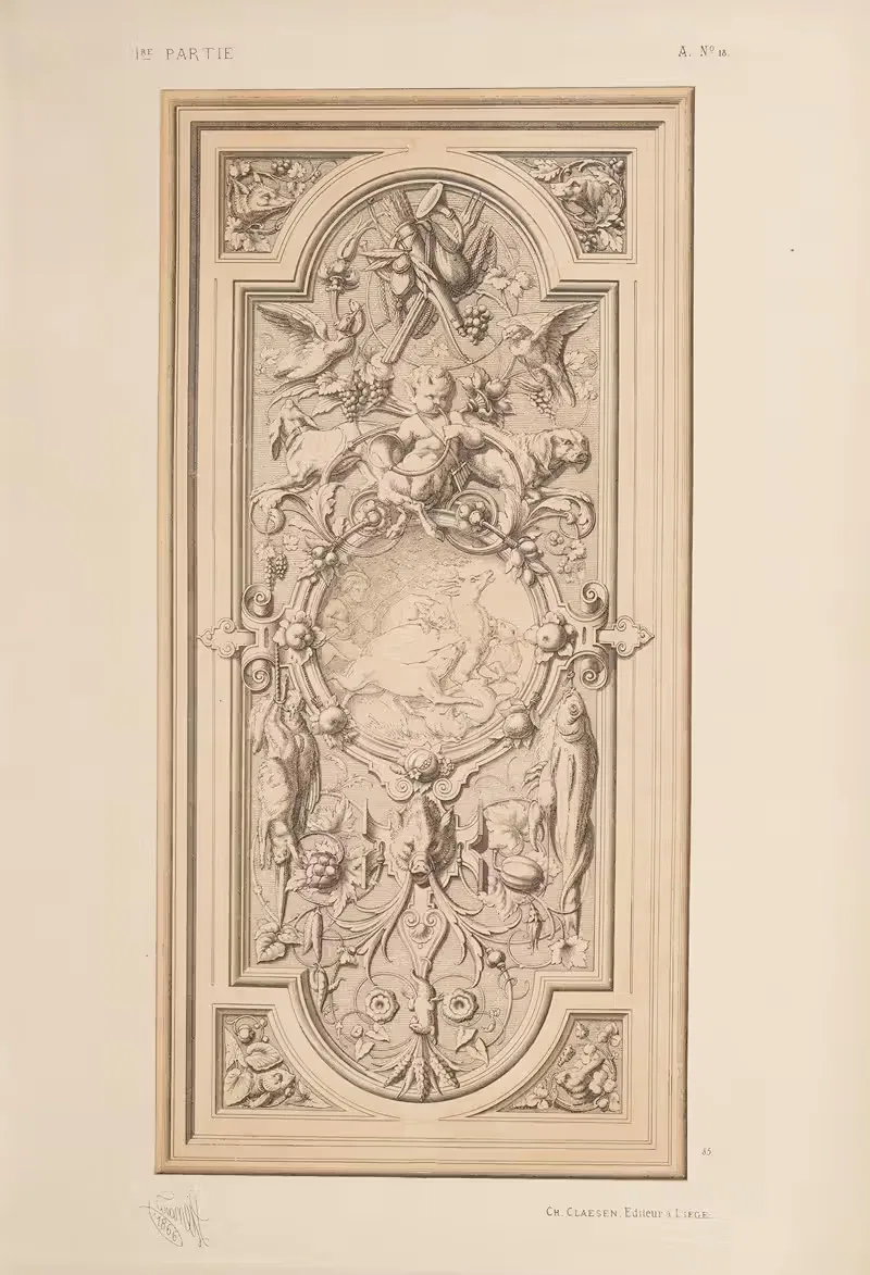 Panneau, bois sculpté. Sujets de chasse et de pèche — Michel Liénard