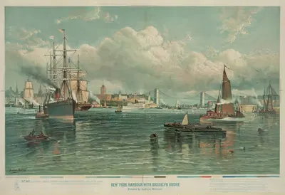 Гавань Нью-Йорка с Бруклинским мостом by Эндрю Мелроуз, 1887 — digital art print download