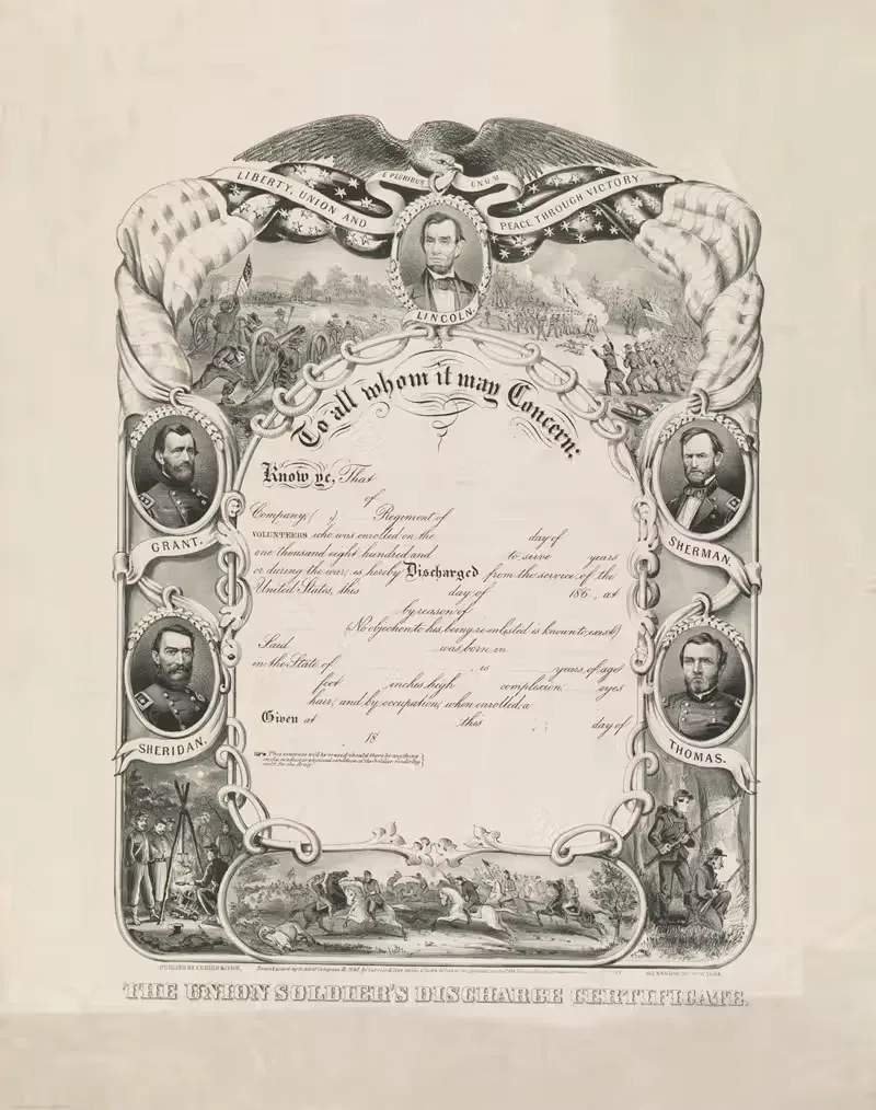 The Union soldier's discharge certificate — Currier & Ives.