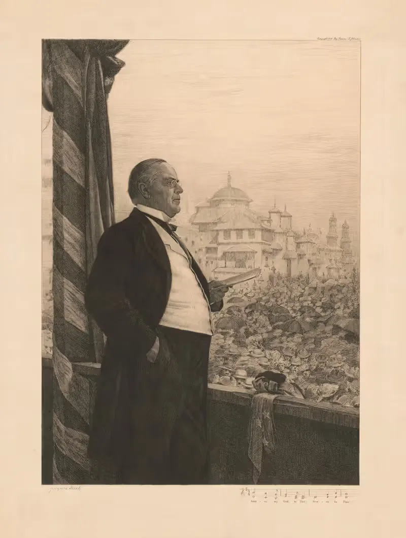 William McKinley preparing to speak to large crowd from balcony — Jacques Reich