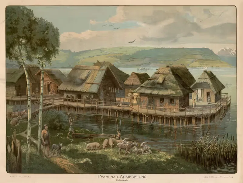 Pfahlbau-Ansiedelung. Prähistorisch — Adolf Lehmann