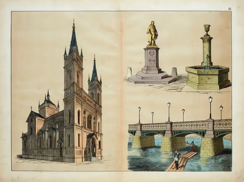A church, statue, well, and bridge — D. Englert