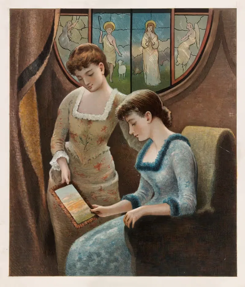 Two women looking at fringed card — Louis Prang & Co.