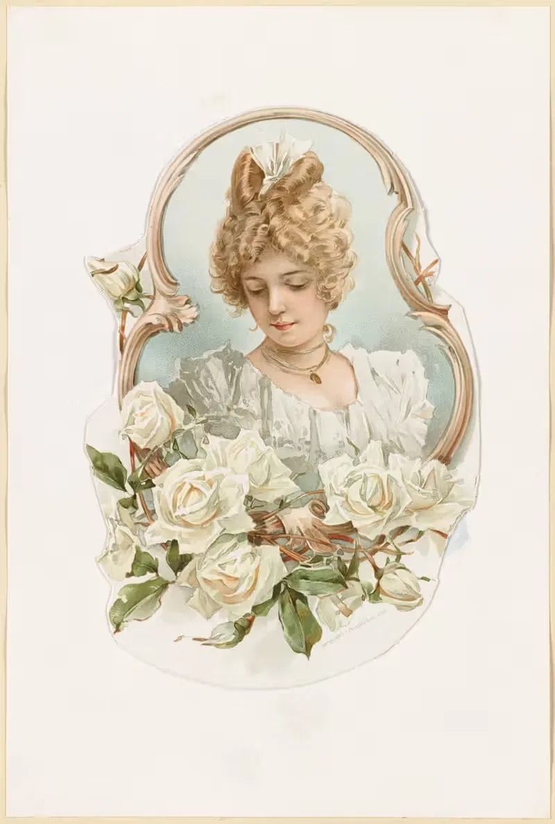 Woman's portrait enframed with white roses — Louis Prang & Co.