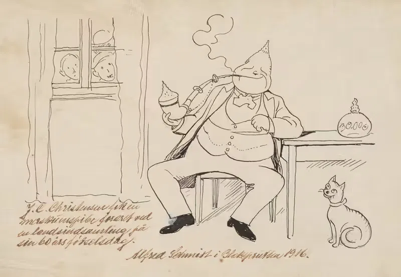 J. C. Christensen smokes his pipe while the population peeks in through the windows — Alfred Schmidt