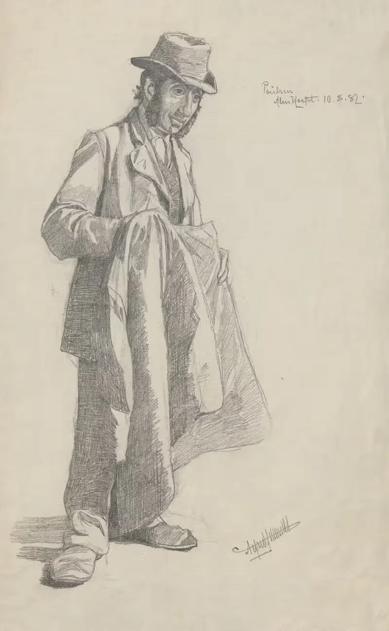 Man wearing a hat holds a jacket in his hands. — Alfred Schmidt
